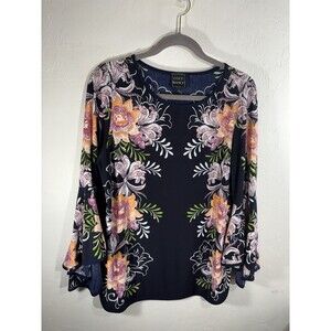 Coco Bianco Black Peach & White Floral Print Bell Sleeve Woman’s Large Blouse